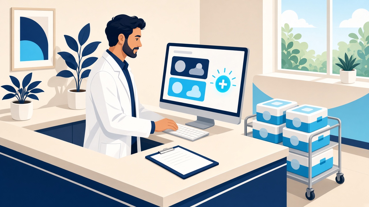 Provider at a clinic computer choosing a new kit order, with kits on a cart nearby
