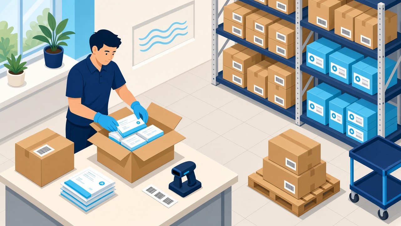 Warehouse team packing test kits into boxes