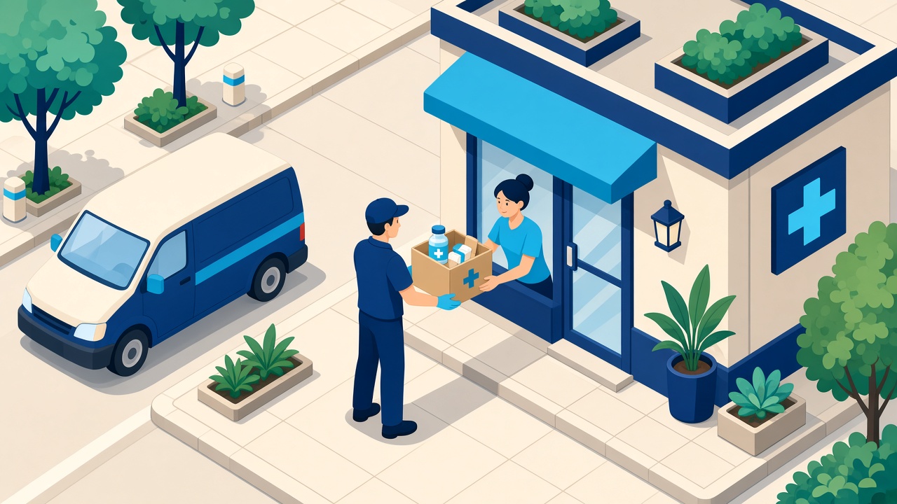 Courier delivering a kit box to a clinic