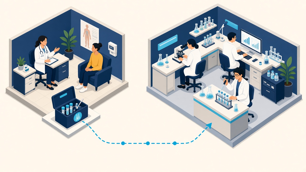 Clinic on the left and laboratory on the right, connected by a kit traveling between them